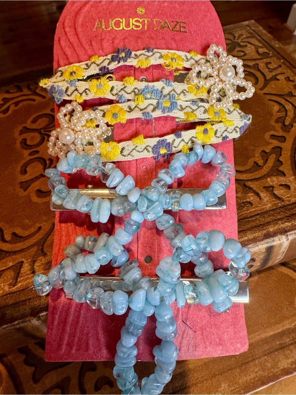 Blue Beaded & Floral Pearl Hair Clip Set